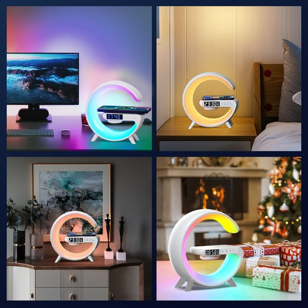 GlowSync™ – Smart Lampa med Laddare, Högtalare & Alarm