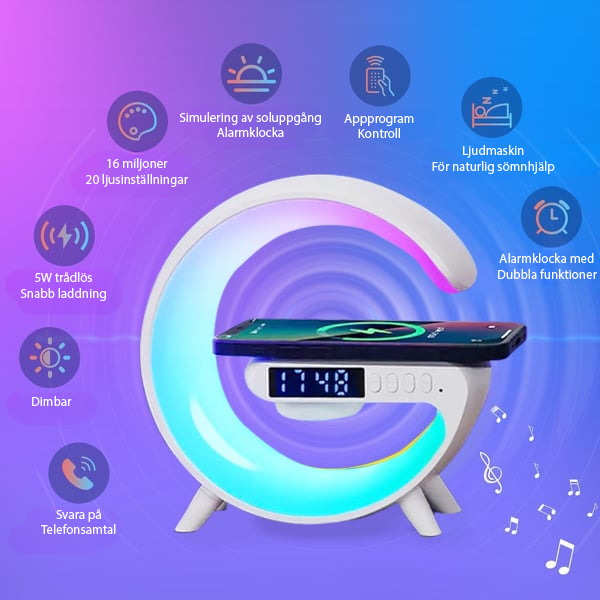 GlowSync™ – Smart Lampa med Laddare, Högtalare & Alarm